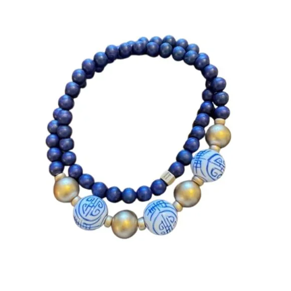 Carolina Strung Chinoiserie Porcelain & Wooden Bead Necklace Artisan - Picture 1 of 4